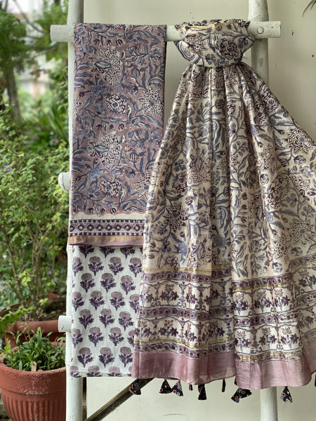MAUVE-OFF WHITE HAND BLOCK PRINT CHANDERI SILK & COTTON DUPATTA SET