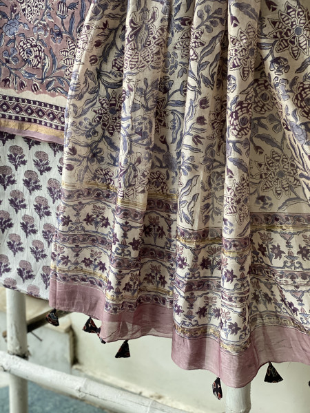 MAUVE-OFF WHITE HAND BLOCK PRINT CHANDERI SILK & COTTON DUPATTA SET