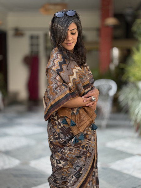 MULTI COLOUR GHICHA TUSSAR SILK PRINTED SARI