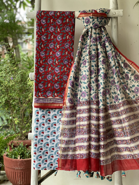 RED-OFF WHITE HAND BLOCK PRINT CHANDERI SILK & COTTON DUPATTA SET