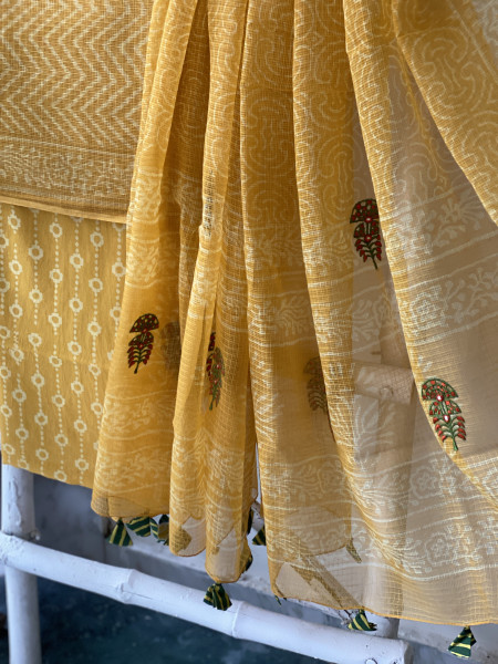 YELLOW HAND BLOCK PRINT KOTA  EMBROIDERED DUPATTA SET