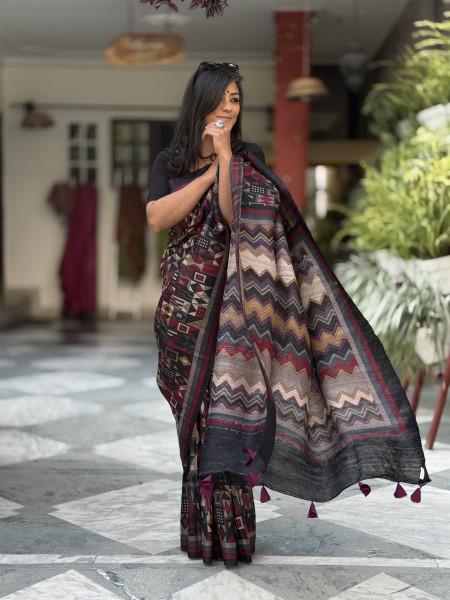 MULTI COLOUR GHICHA TUSSAR SILK PRINTED SARI