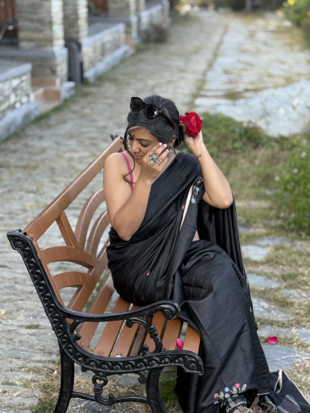 BLACK TUSSAR SILK HAND EMBROIDERED SARI