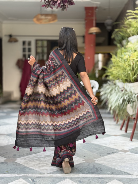 MULTI COLOUR GHICHA TUSSAR SILK PRINTED SARI