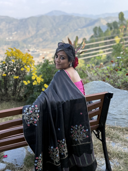 BLACK TUSSAR SILK HAND EMBROIDERED SARI
