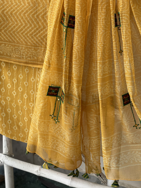YELLOW HAND BLOCK PRINT KOTA  EMBROIDERED DUPATTA SET