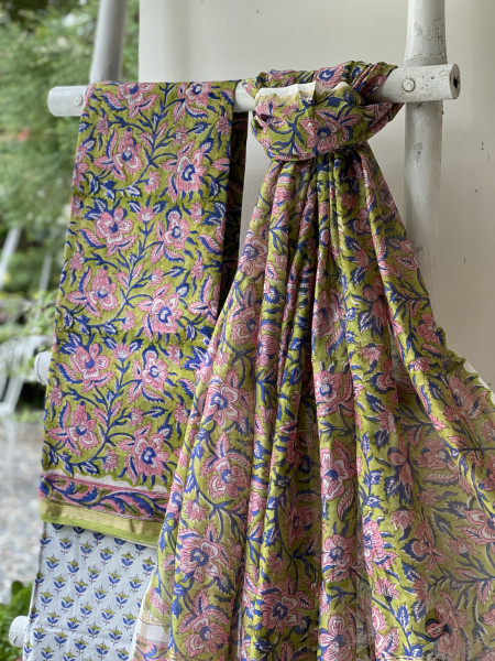 GREEN-OFF WHITE HAND BLOCK PRINT CHANDERI SILK & COTTON DUPATTA SET