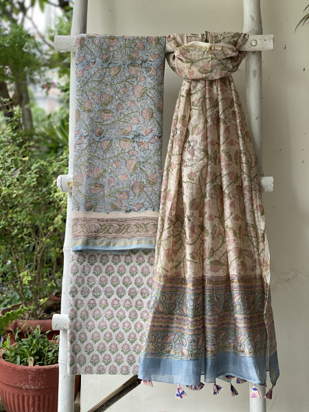 ICE BLUE-OFF WHITE HAND BLOCK PRINT CHANDERI SILK & COTTON DUPATTA SET