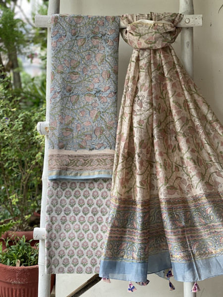 ICE BLUE-OFF WHITE HAND BLOCK PRINT CHANDERI SILK & COTTON DUPATTA SET