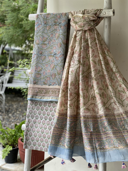 ICE BLUE-OFF WHITE HAND BLOCK PRINT CHANDERI SILK & COTTON DUPATTA SET
