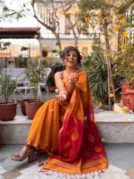 MUSTARD & FUCHSIA MAHESHWARI SILK & COTTON SARI