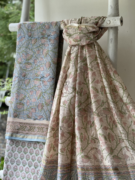 ICE BLUE-OFF WHITE HAND BLOCK PRINT CHANDERI SILK & COTTON DUPATTA SET