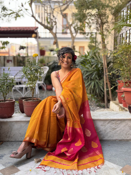 MUSTARD & FUCHSIA MAHESHWARI SILK & COTTON SARI