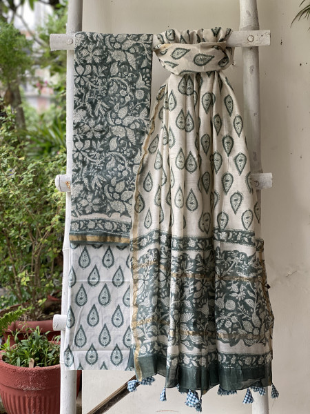 GREEN-OFF WHITE HAND BLOCK PRINT CHANDERI SILK & COTTON DUPATTA SET