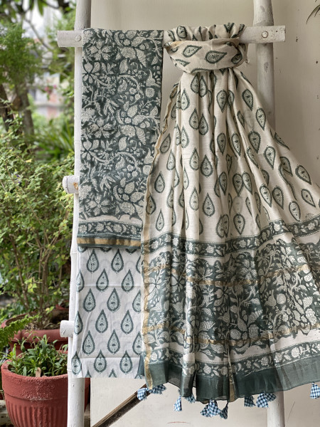 GREEN-OFF WHITE HAND BLOCK PRINT CHANDERI SILK & COTTON DUPATTA SET
