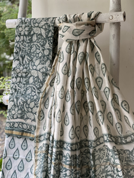 GREEN-OFF WHITE HAND BLOCK PRINT CHANDERI SILK & COTTON DUPATTA SET