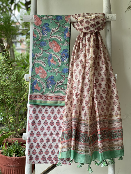 SEA GREEN-OFF WHITE HAND BLOCK PRINT CHANDERI SILK & COTTON DUPATTA SET