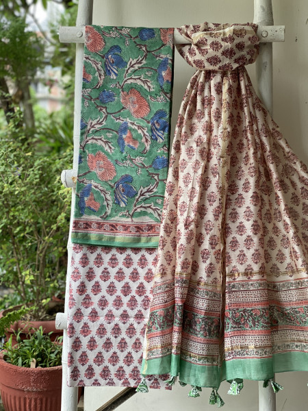 SEA GREEN-OFF WHITE HAND BLOCK PRINT CHANDERI SILK & COTTON DUPATTA SET
