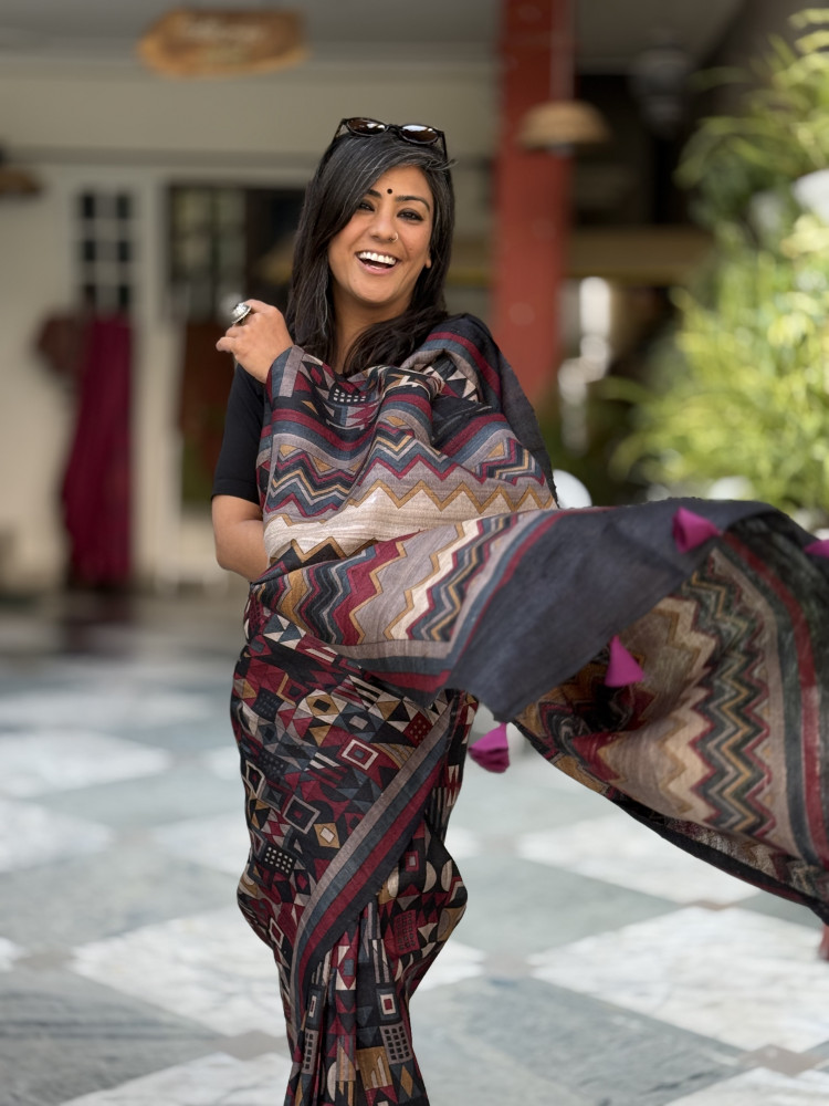 Image of MULTI COLOUR GHICHA TUSSAR SILK PRINTED SARI