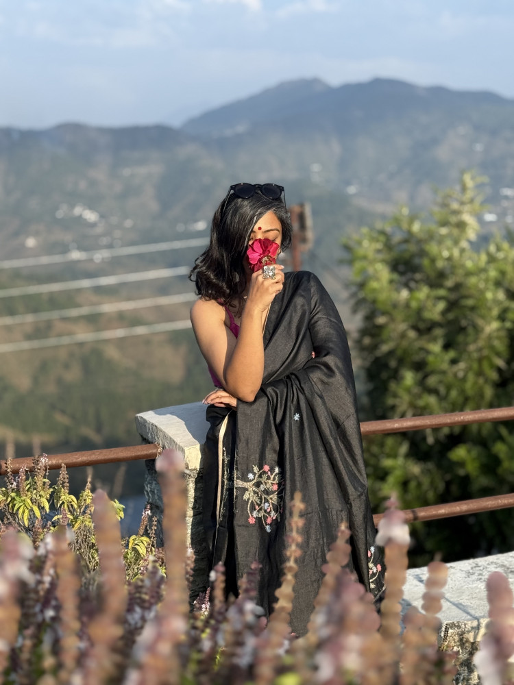 Image of BLACK TUSSAR SILK HAND EMBROIDERED SARI