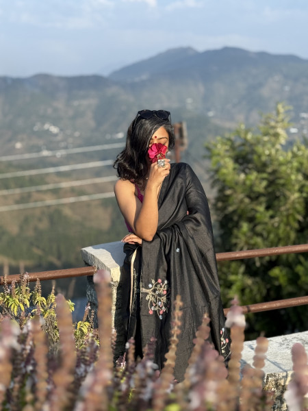 BLACK TUSSAR SILK HAND EMBROIDERED SARI