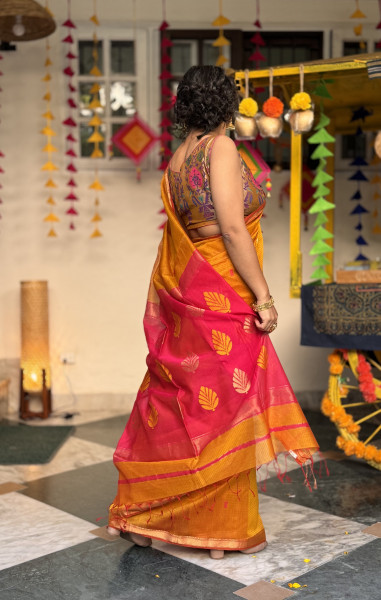 MUSTARD & FUCHSIA MAHESHWARI SILK & COTTON SARI