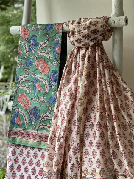 SEA GREEN-OFF WHITE HAND BLOCK PRINT CHANDERI SILK & COTTON DUPATTA SET