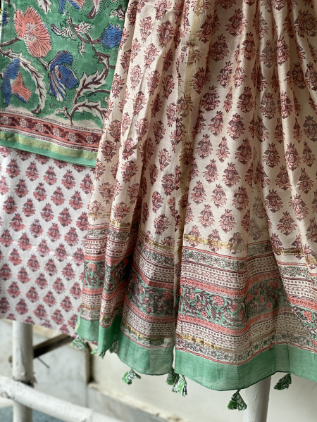 SEA GREEN-OFF WHITE HAND BLOCK PRINT CHANDERI SILK & COTTON DUPATTA SET