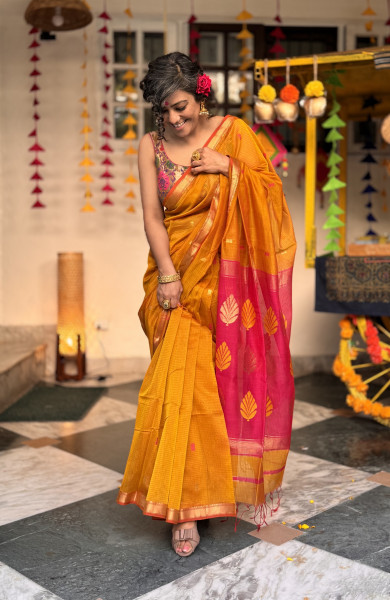 MUSTARD & FUCHSIA MAHESHWARI SILK & COTTON SARI