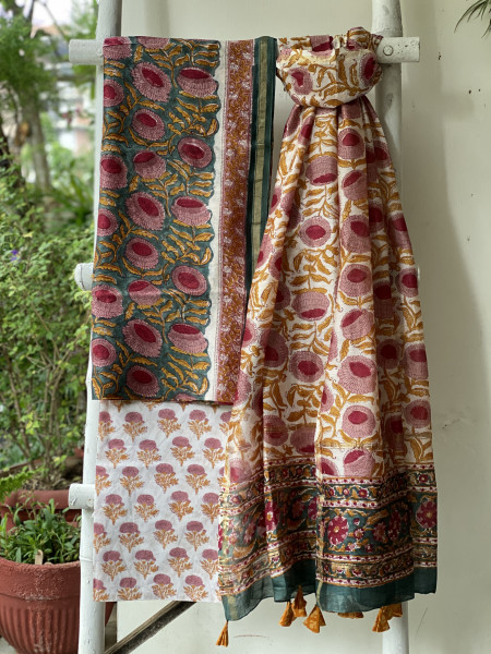 TEAL-OFF WHITE HAND BLOCK PRINT CHANDERI SILK & COTTON DUPATTA SET