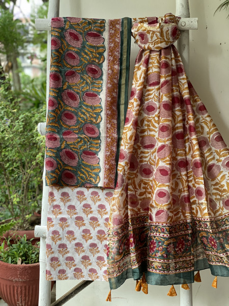 TEAL-OFF WHITE HAND BLOCK PRINT CHANDERI SILK & COTTON DUPATTA SET