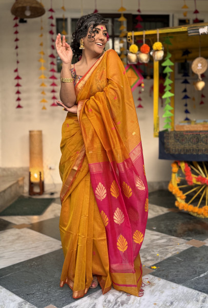 MUSTARD & FUCHSIA MAHESHWARI SILK & COTTON SARI