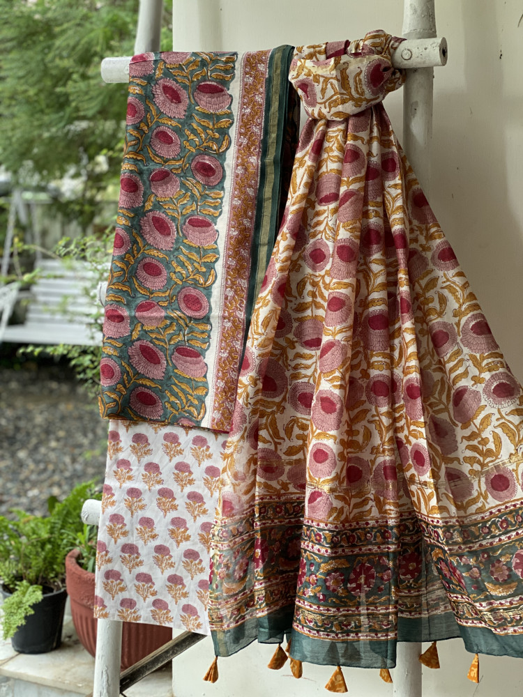 Image of TEAL-OFF WHITE HAND BLOCK PRINT CHANDERI SILK &amp; COTTON DUPATTA SET