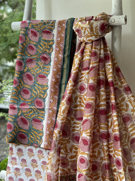 TEAL-OFF WHITE HAND BLOCK PRINT CHANDERI SILK & COTTON DUPATTA SET