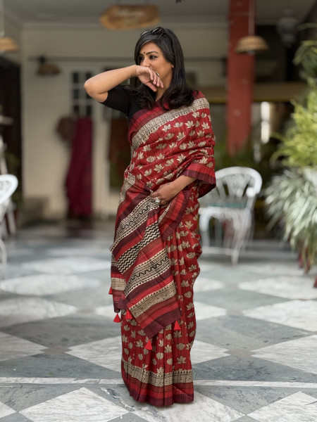 RED GHICHA TUSSAR SILK HAND BLOCK PRINT SARI