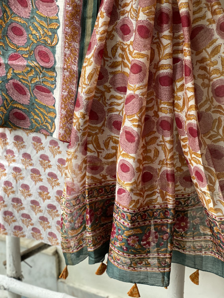 TEAL-OFF WHITE HAND BLOCK PRINT CHANDERI SILK & COTTON DUPATTA SET