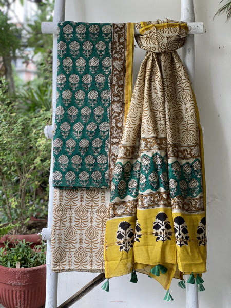 TEAL-BEIGE HAND BLOCK PRINT CHANDERI SILK & COTTON DUPATTA SET