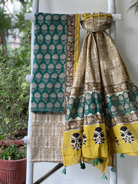 TEAL-BEIGE HAND BLOCK PRINT CHANDERI SILK & COTTON DUPATTA SET