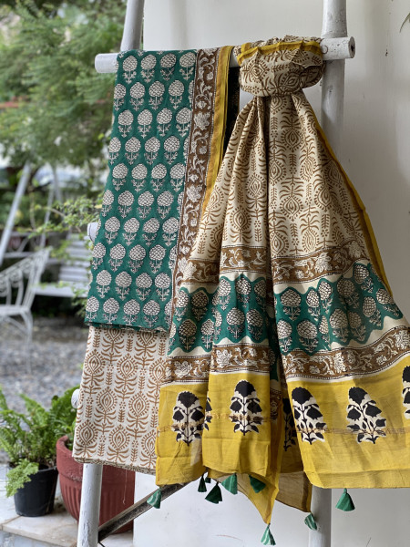 TEAL-BEIGE HAND BLOCK PRINT CHANDERI SILK & COTTON DUPATTA SET