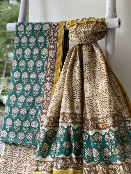 TEAL-BEIGE HAND BLOCK PRINT CHANDERI SILK & COTTON DUPATTA SET