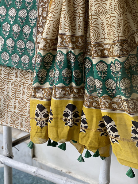 TEAL-BEIGE HAND BLOCK PRINT CHANDERI SILK & COTTON DUPATTA SET