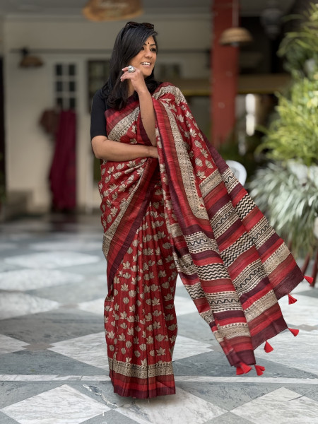 RED GHICHA TUSSAR SILK HAND BLOCK PRINT SARI