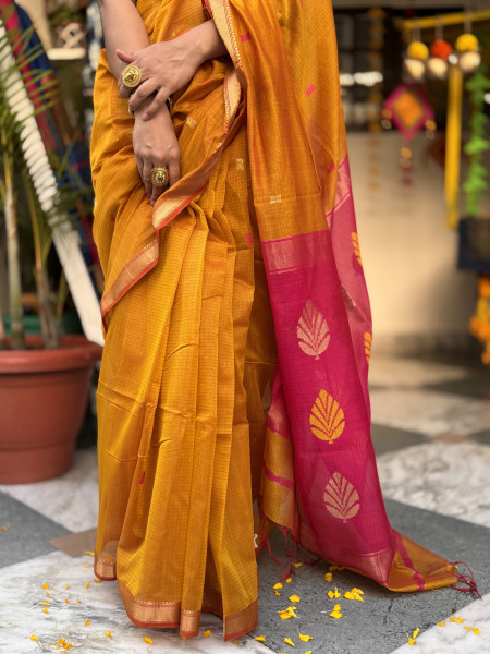 MUSTARD & FUCHSIA MAHESHWARI SILK & COTTON SARI