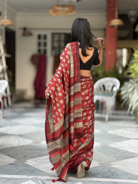 RED GHICHA TUSSAR SILK HAND BLOCK PRINT SARI