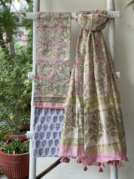 PINK-OFF WHITE HAND BLOCK PRINT CHANDERI SILK & COTTON DUPATTA SET