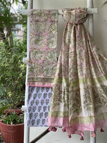 PINK-OFF WHITE HAND BLOCK PRINT CHANDERI SILK & COTTON DUPATTA SET