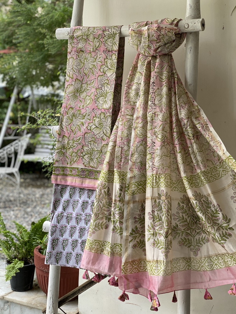 Image of PINK-OFF WHITE HAND BLOCK PRINT CHANDERI SILK &amp; COTTON DUPATTA SET