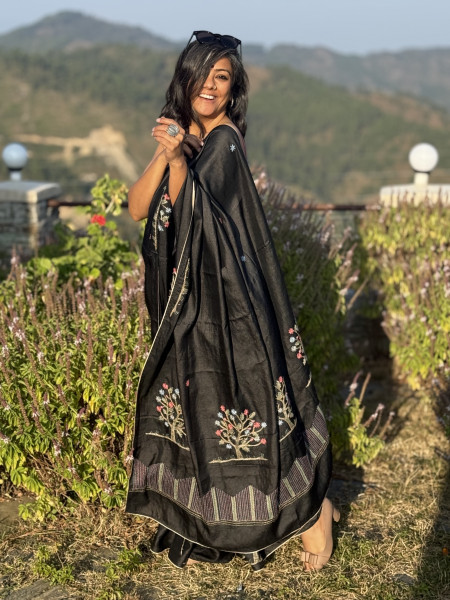 BLACK TUSSAR SILK HAND EMBROIDERED SARI