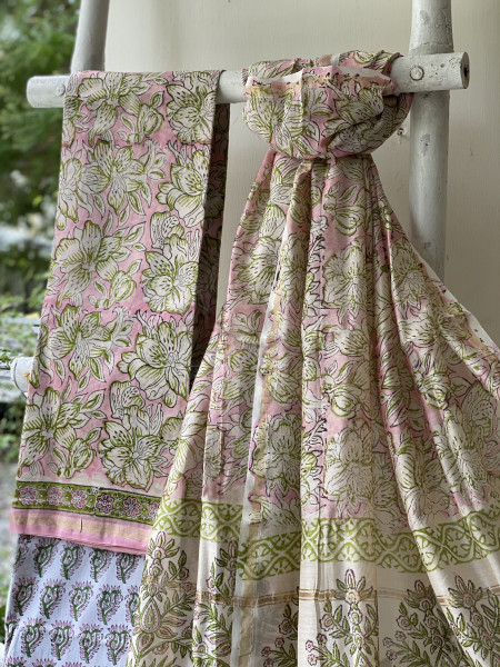 PINK-OFF WHITE HAND BLOCK PRINT CHANDERI SILK & COTTON DUPATTA SET