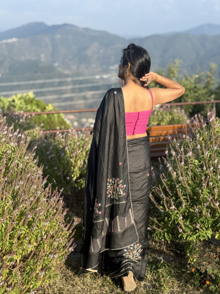 BLACK TUSSAR SILK HAND EMBROIDERED SARI